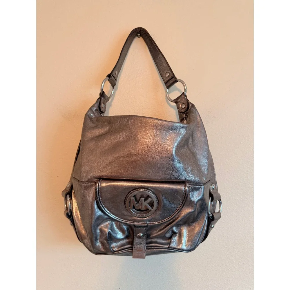 Michael Kors Y2K Women Hobo Bag Medium Silver Leather Fulton MK Medallion